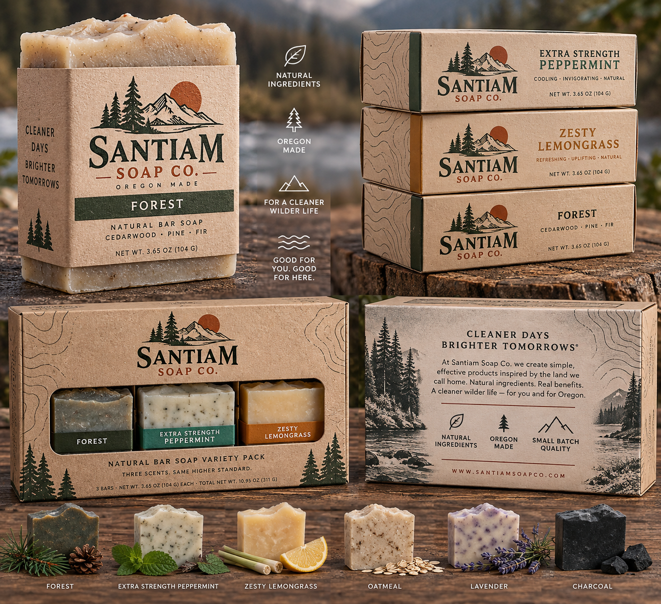 Santiam natural soaps and kraft paper packaging outdoors in Oregon